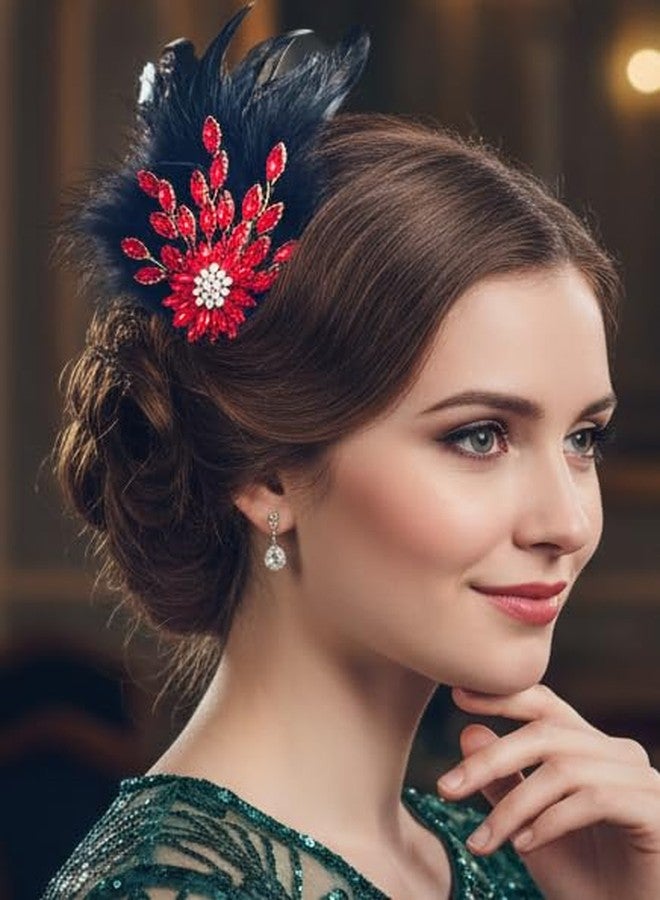 قبعة زينة من الريش الأسود من تصميم يوكاوي، تعود إلى عشرينيات القرن الماضي، مزينة بزهرة كريستالية حمراء، مشبك شعر رسمي للمناسبات المسائية للنساء - Image 4